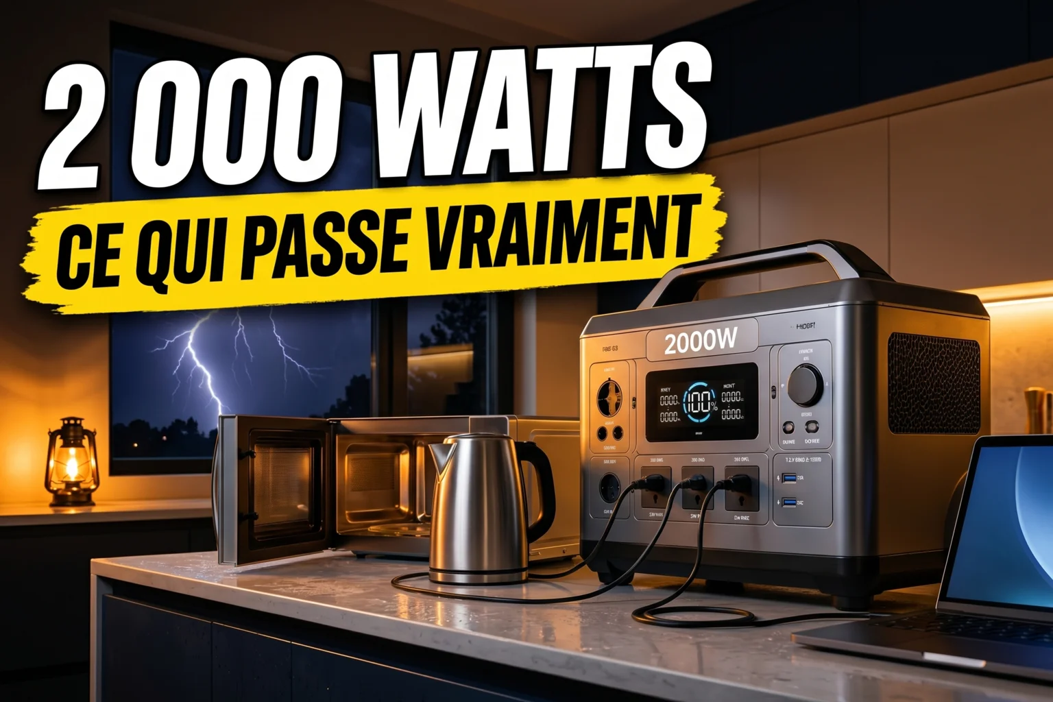 Station d'énergie portable 2000W installée dans un van aménagé avec panneau solaire visible par la fenêtre
