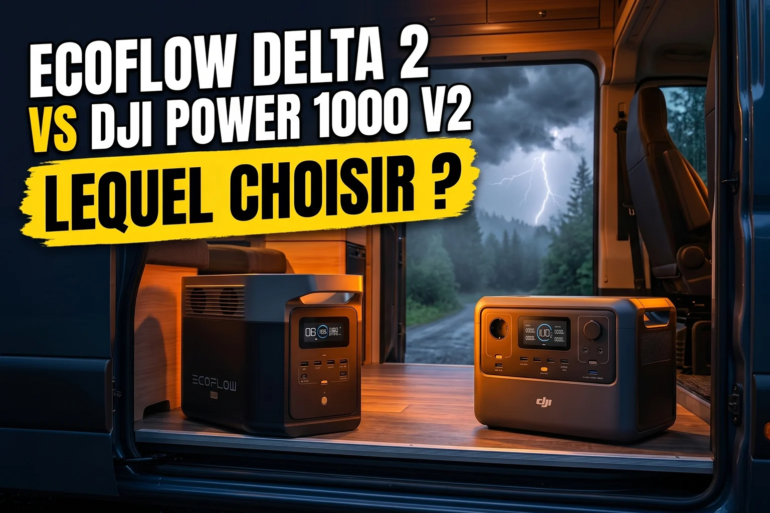 EcoFlow DELTA 2 et DJI Power 1000 V2 côte à côte dans un van aménagé, lumière intérieure chaude