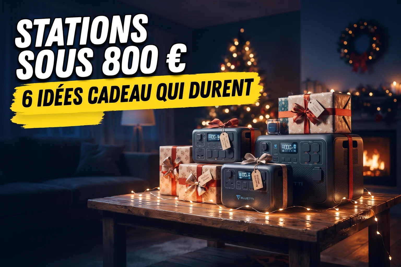 Plusieurs stations d'énergie portables de différentes tailles disposées comme des idées cadeau, ambiance chaleureuse
