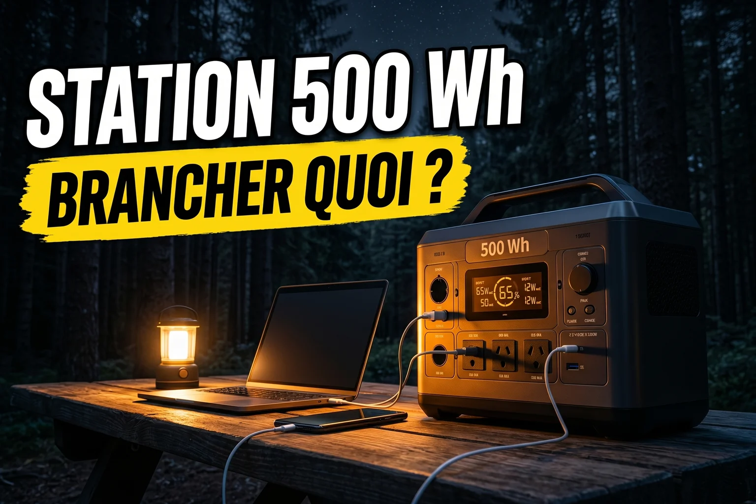 Station énergie EcoFlow River 2 Max allumée sur une table de camping la nuit avec un laptop et une lampe LED branchés